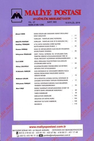 15 Eylül 2016 Tarihli Maliye Postası Dergisi İçindekiler